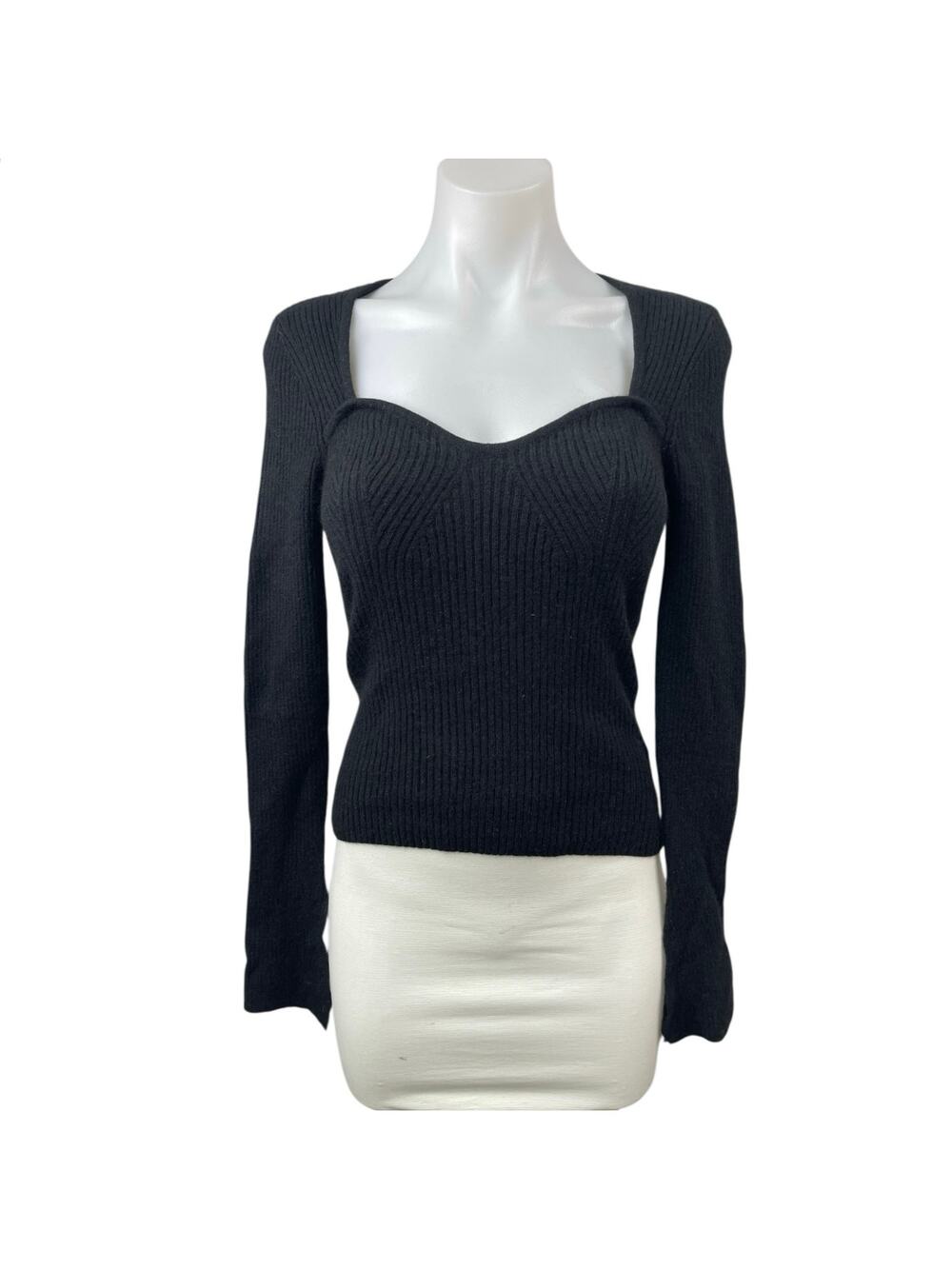 Anthropologie Caara Black Ribbed Knit Sweetheart Long Sleeve Sweater Top Size S